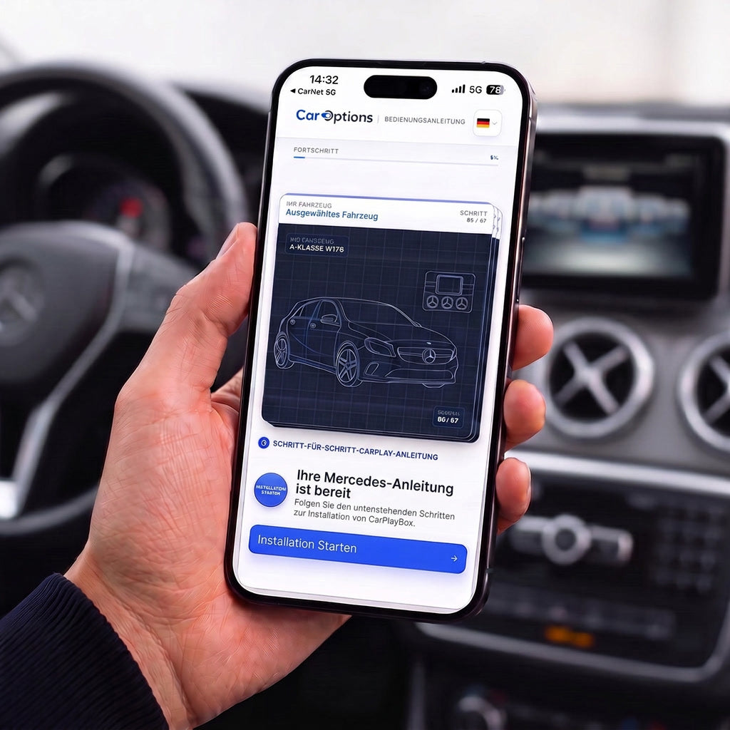 Fahrzeugspezifische digitale CarOptions Installationsanleitung auf einem Smartphone